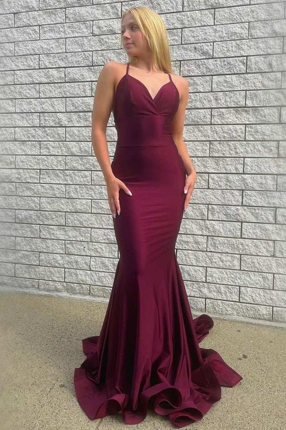 Burgundy V-Neck Lace-Up Back Trumpet Long Prom Gown Y4623