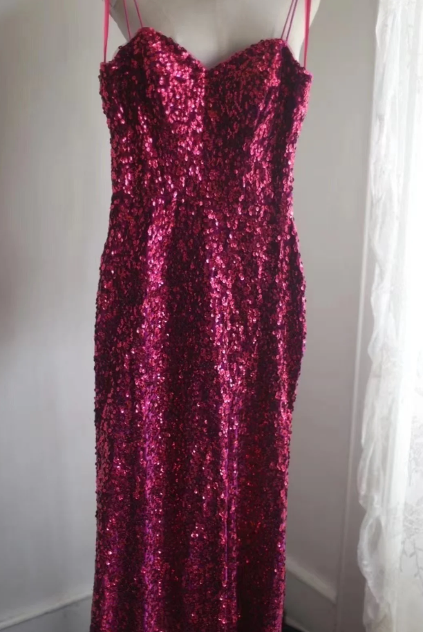 Sparkly Spaghetti Straps Hot Pink Sequin Mermaid Long Wedding Guest Dress Evening Gown SP1246