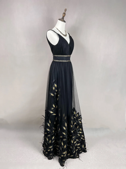 Gorgeous Black Tulle Gold Silk Feathers A Line Prom Dress Formal Evening Dress Y8652
