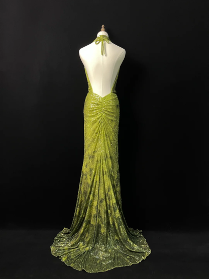 Gorgeous Green Halter Sequins Backless Prom Dress,Long Mermaid Evening Dress Y8647