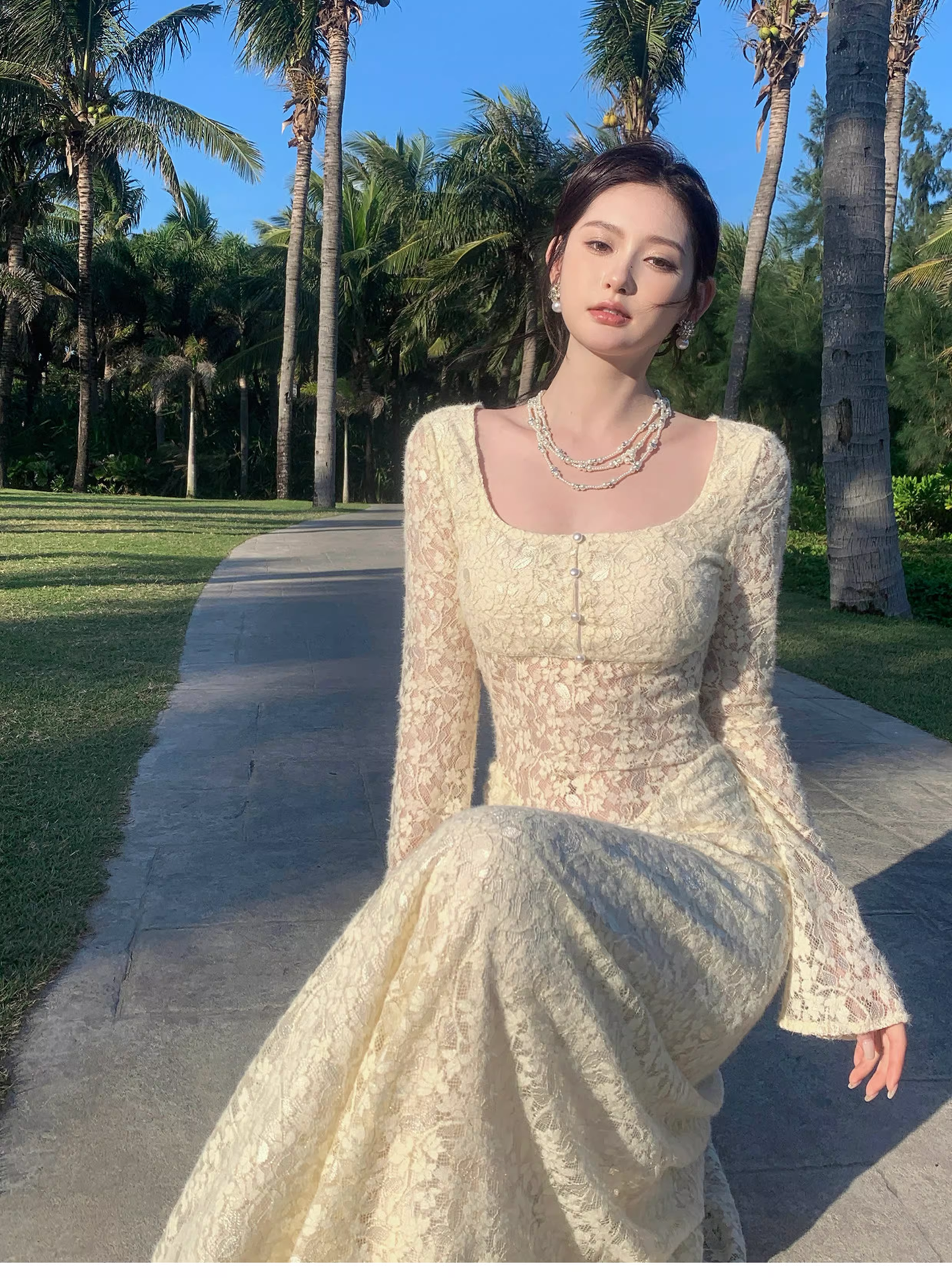 Charming Yellow Lace Mermaid Long Party Dress Birthday Prom Dress SP1976