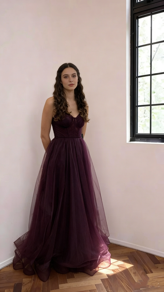 Classy Spaghetti Straps Purple V Neck Tulle Long Wedding Guest Dress Evening Dress SP1704