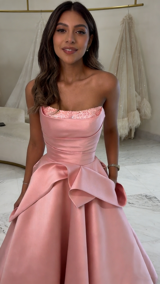 Classy Strapless Pink Satin Long Birthday Prom Dress Evening Dresses SP1295