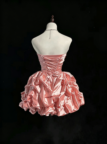 Cute Strapless Satin Pleated A Line Short 17th Birthday Outfits,Pink Short Homecoming Dress SP2925