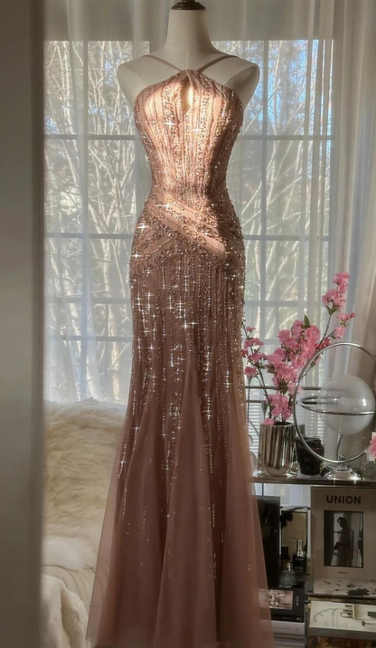 Glitter Blush Pink Spaghetti Straps Mermaid Tulle Sequin Prom Dress Party Dress Y8770