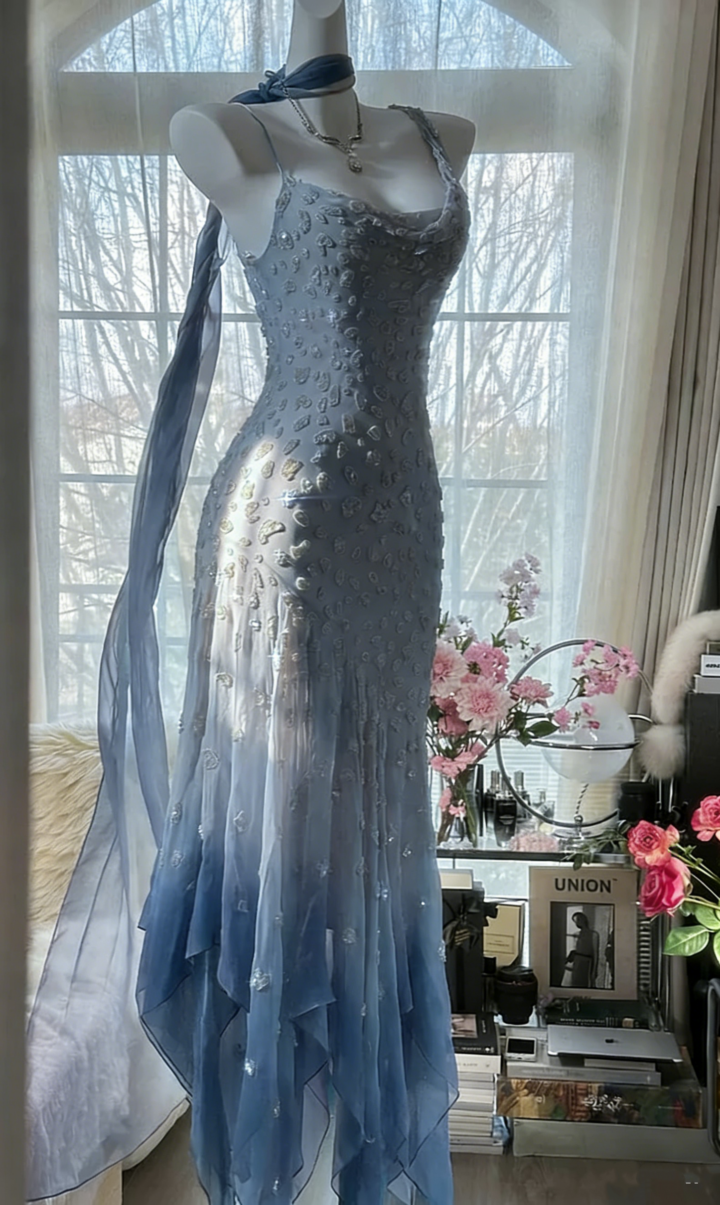 Vintage Pink Chiffon Beaded Mermaid Evening Dress Prom Dress Y8788