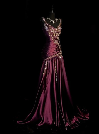 Vintage Burgundy Satin Pleated Appliques Mermaid Evening Dress Long Prom Dress SP2440