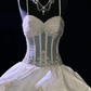 Classy Spaghetti Straps White Tulle Appliques Satin Pleated Formal Wedding Dress Long Bridal Dress Y9853