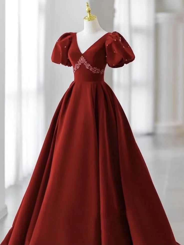 V-neck Evening Dress,Charming Prom dress, Velvet Party Dress,Bubble Sleeve Dress  Y4573