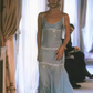 Classy Spaghetti Straps Blue Chiffon Beaded Prom Dress Evening Dress Y8248