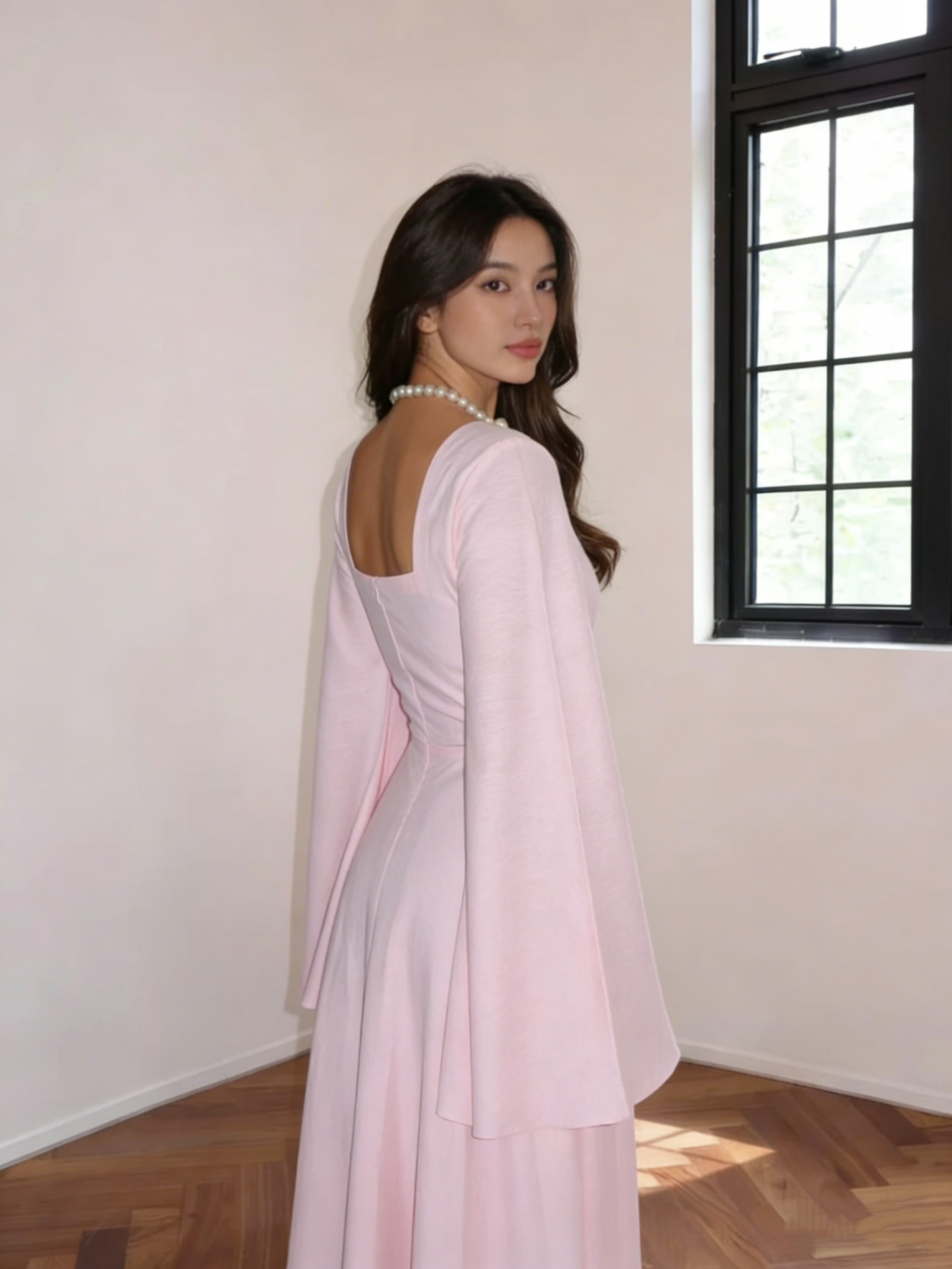 Elegant Pink Square Neck Satin A-Line Long Wedding Guest Dress Formal Party Dress SP1867