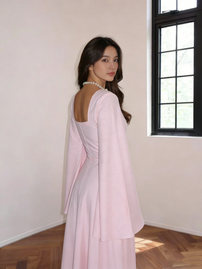 Elegant Pink Square Neck Satin A-Line Long Wedding Guest Dress Formal Party Dress SP1867