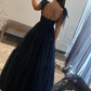 Dark Navy Bow Tie Shoulder Dot Tulle A-line Long Prom Dress Y4892