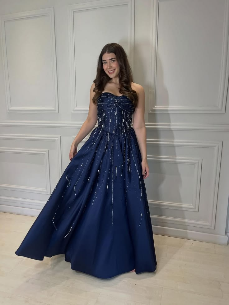 Pretty Navy Blue Satin Beaded A Line Long Party Dress Prom Gown SP4144