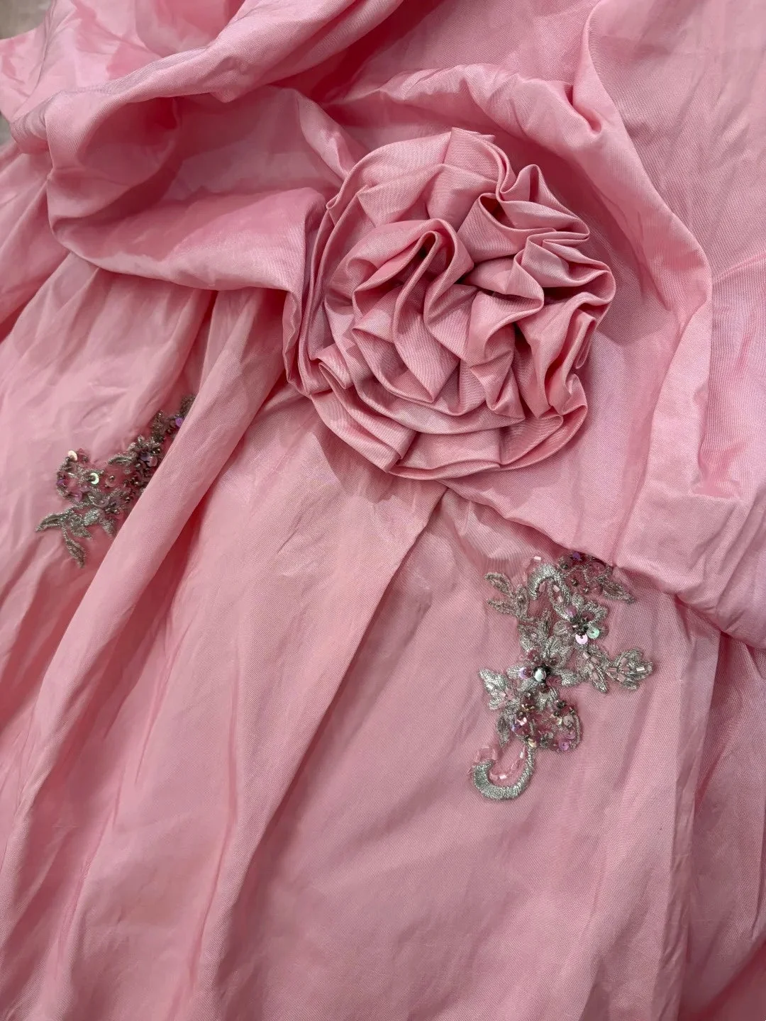 Charming Ball Gown Pink Spaghetti Straps Embroidered Satin Pleated Quinceanera Dress Sweet 16 Dress SP3832
