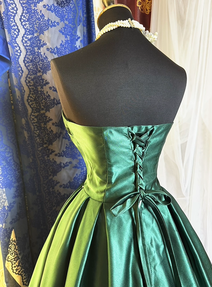 Retro Green Strapless Satin Pleated Ball Gown Long Party Dress Prom Dress SP2194