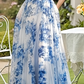 Glam Blue Chiffon Print Floral Slit Prom Dress Spaghetti Straps Evening Gown Y8277