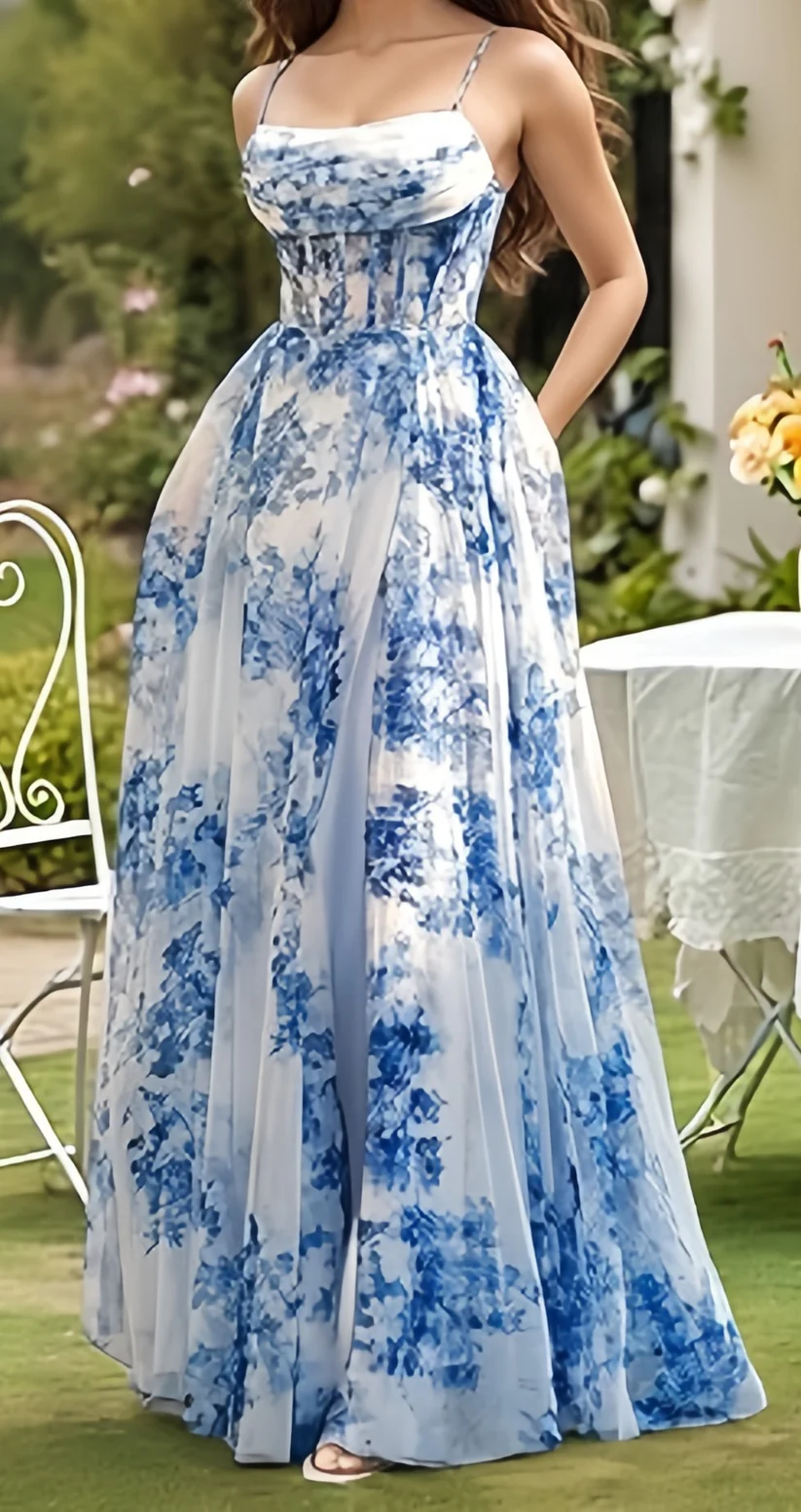Glam Blue Chiffon Print Floral Slit Prom Dress Spaghetti Straps Evening Gown Y8277