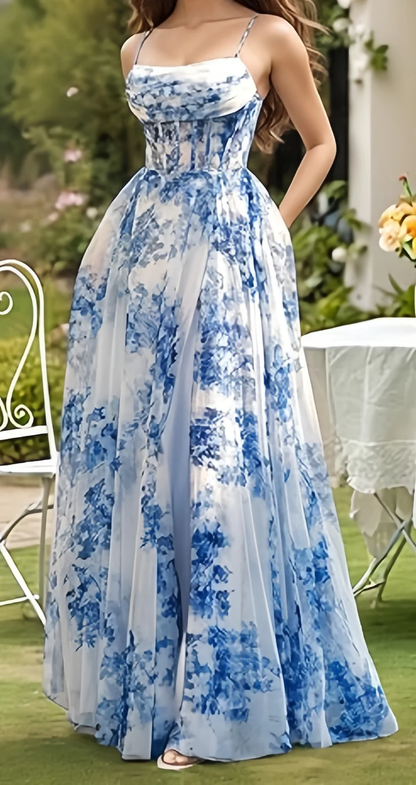 Glam Blue Chiffon Print Floral Slit Prom Dress Spaghetti Straps Evening Gown Y8277
