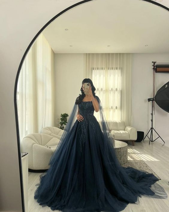 Navy Blue Glitter Square Neck Tulle Long Sleeves Luxury Ball Gown  Y4883