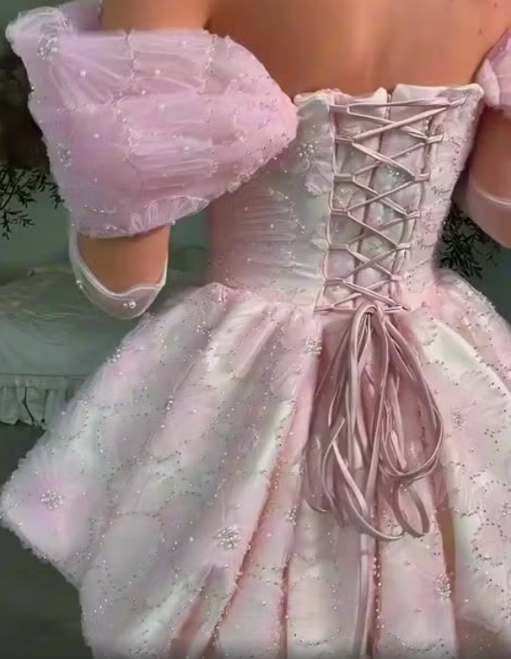 Glamorous Off The Shoulder Satin Tulle Floral Beaded A Line Mini Birthday Dress,Pink Short 6th Grade Homecoming Dress SP2932