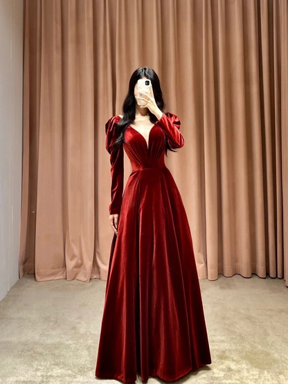 Burgundy Deep V-Neck Velvet Long Sleeves Prom Dress Y2635 Simplepromdress Burgundy Deep V-Neck Velvet Long Sleeves Prom Dress Y2635 Simplepromdress