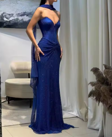 Gorgeous Strapless Royal Blue Sequin Pleated Mermaid Evening Dress Formal Prom Dress With Scarf SP552
