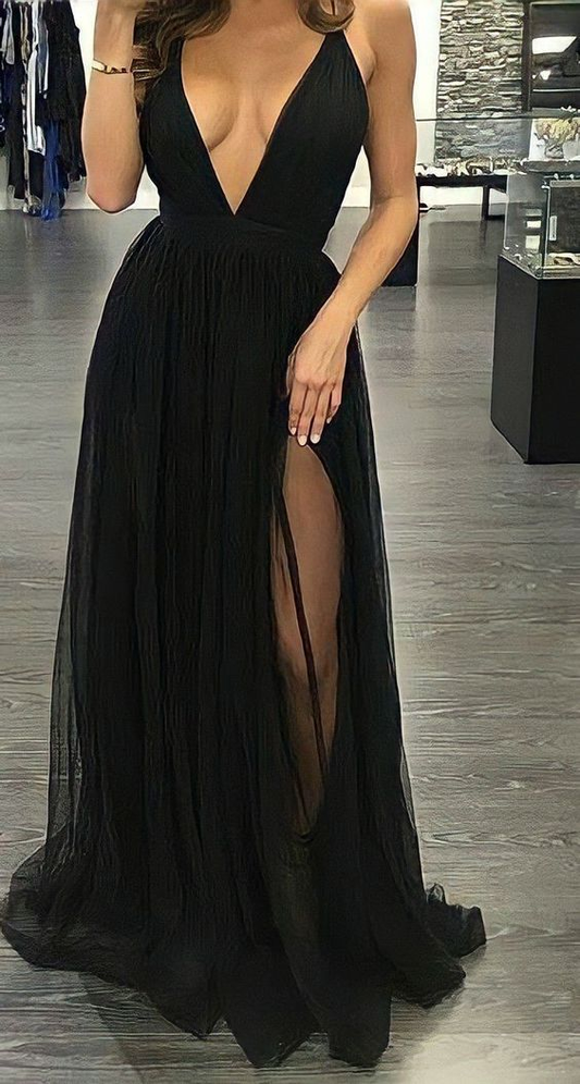 Sexy Black V Neck Long Prom Dress,Black Formal Gown  Y7057