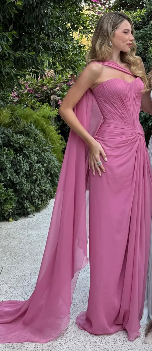 Classy Strapless Chiffon Pleated Sheath Long Evening Dress Prom Dress Pink Long Wedding Guest Dress SP2299