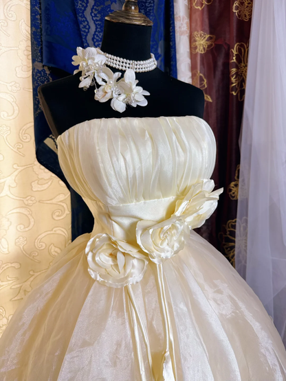 Sweet Light Champagne Strapless Organza 3D Floral A Line Short 17th Birthday Outfits Homecoming Dress SP2193