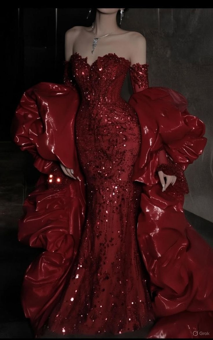 Luxurious Red Off The Shoulder Sequin Beaded Mermaid Long Birthday Party Dress Prom Gown SP1676