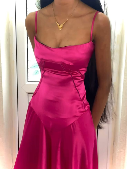 Classy Spaghetti Straps Hot Pink Satin A Line Long Party Dress Wedding Guest Dress SP2139
