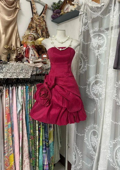 Vintage Strapless Satin Pleated Burgundy A Line Cocktail Dress Formal Graduation Homecoming Dress Y9952