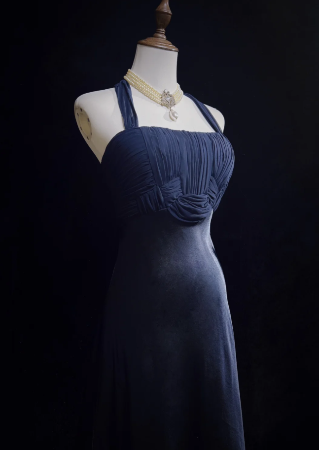 Classy Halter Navy Blue Satin Mermaid Long Wedding Guest Dress Party Dress Prom Gown SP1280