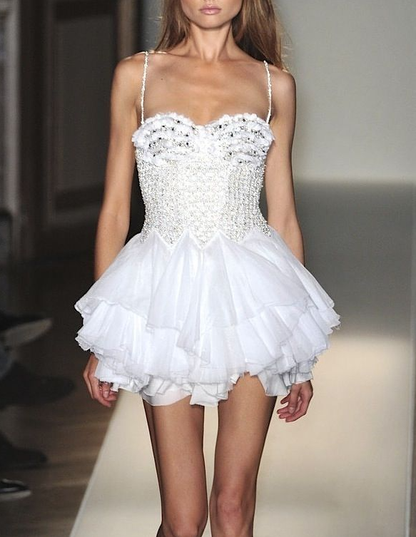 Charming Spaghetti Straps White Sweetheart Tulle Sequin Beaded A Line Short Graduation Homecoming Dress Cocktail Dress Y9297