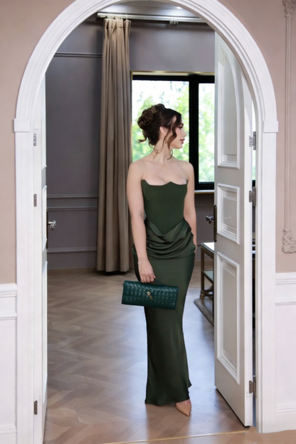 Classy Dark Olive Green Strapless Satin Pleated Mermaid Long Party Dress 18th Birthday Outfits SP1825