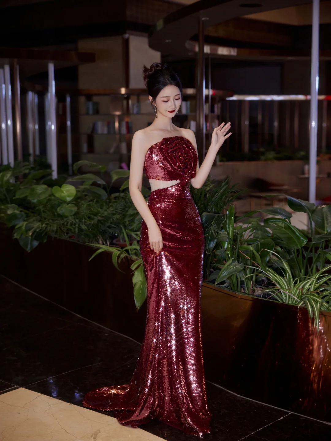 Burgundy Strapless Sequin Rose Flowers Prom Dress,Mermaid Long Evening Dress Y8595