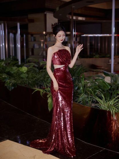 Burgundy Strapless Sequin Rose Flowers Prom Dress,Mermaid Long Evening Dress Y8595