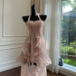 Simple Halter Pink Tulle Pearls Beaded High-Low Ruffles Homecoming Dress Party Dress Y8582