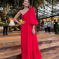 Red One Shoulder Maxi Dress,Red Long Prom Dress Y4736