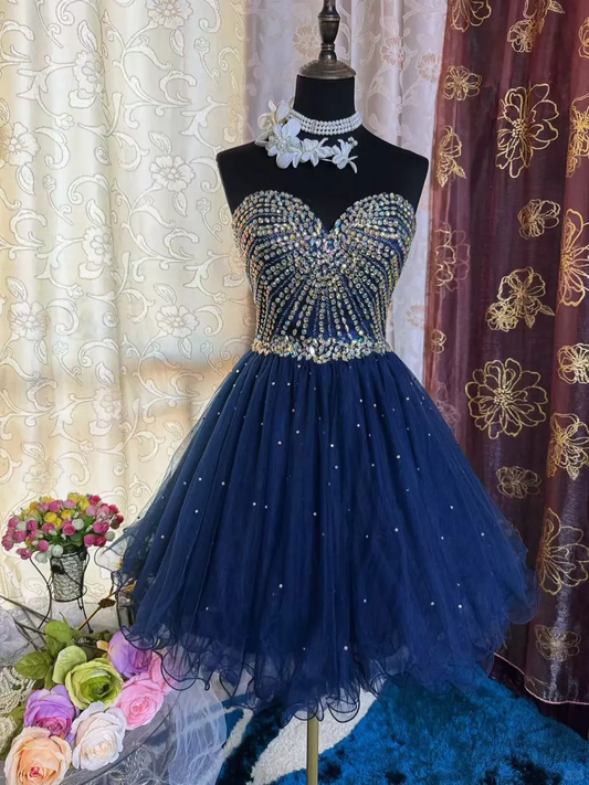 Vintage Navy Blue Tulle Beaded A Line Short Homecoming Dress Sexy Cocktail Dress Y9494