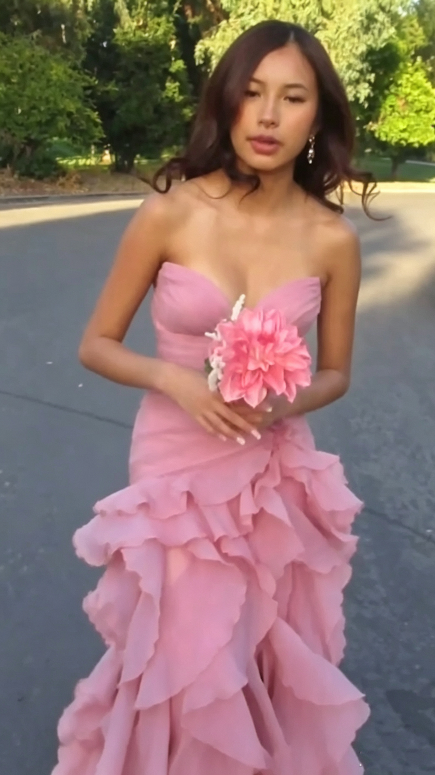 Elegant Pink Strapless Chiffon Ruffled Slit Mermaid Long Party Dress Birthday Prom Dress SP3651