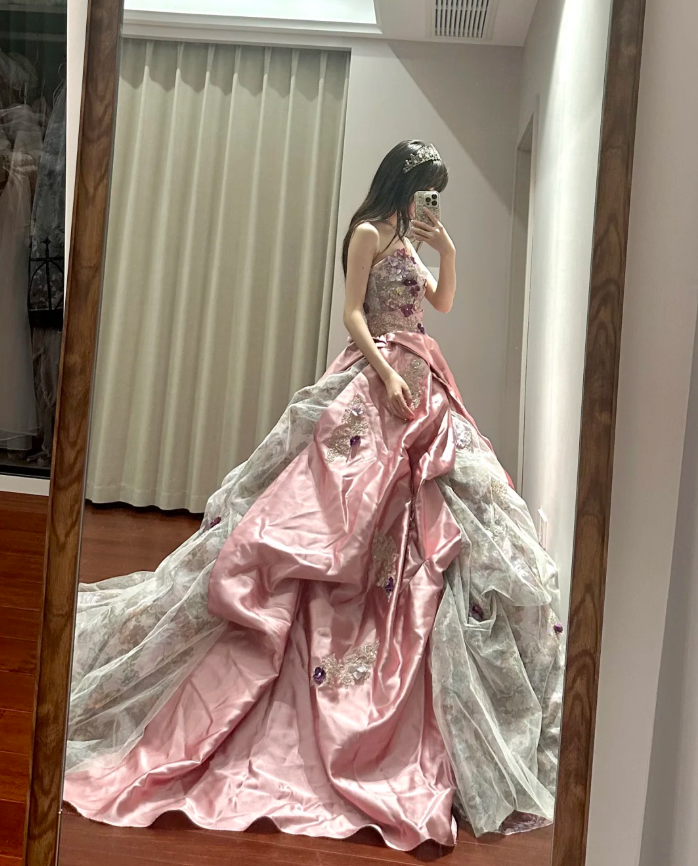 Pretty Pink Strapless Satin Pleated Appliques Ball Gown Sweet 16 Dress Formal Quinceanera Dress  SP1189