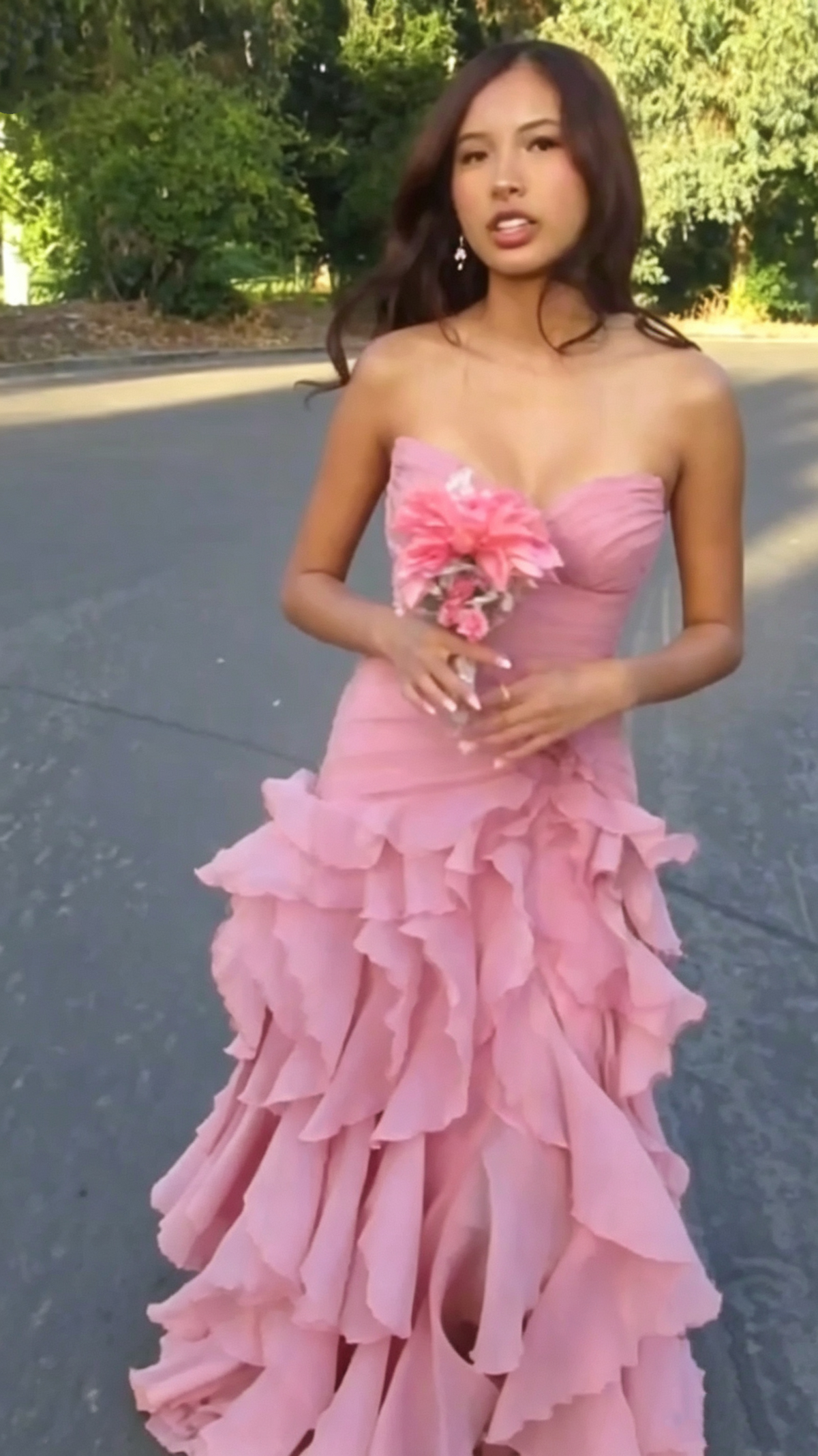Elegant Pink Strapless Chiffon Ruffled Slit Mermaid Long Party Dress Birthday Prom Dress SP3651