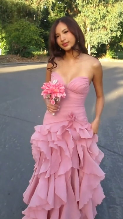 Elegant Pink Strapless Chiffon Ruffled Slit Mermaid Long Party Dress Birthday Prom Dress SP3651