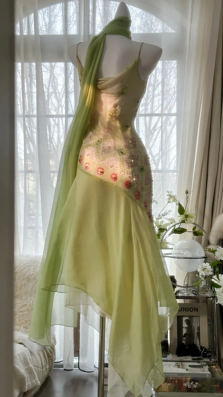 Classy Green Spaghetti Straps Chiffon Beaded Mermaid Long Evening Dress 18th Birthday Outfits SP1731