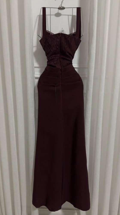 Charming Burgundy Spaghetti Straps Satin Pleated Mermaid Long Wedding Guest Dress Evening Dress SP1332