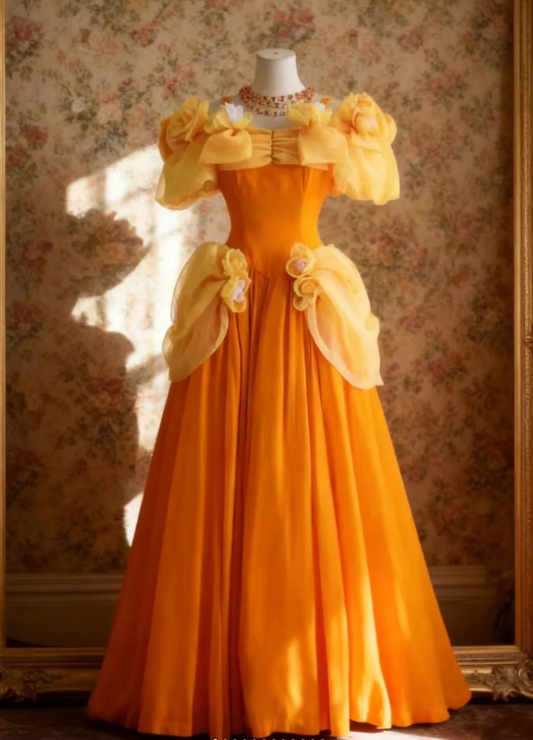Vintage Off The Shoulder Orange Satin Organza A Line Birthday Outfits Formal Evening Gown SP667