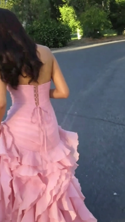 Elegant Pink Strapless Chiffon Ruffled Slit Mermaid Long Party Dress Birthday Prom Dress SP3651