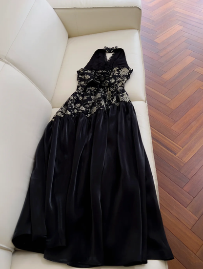 Elegant Black Halter Satin Print Floral Sequins Evening Dress,Long ALine Prom Dress Y8568